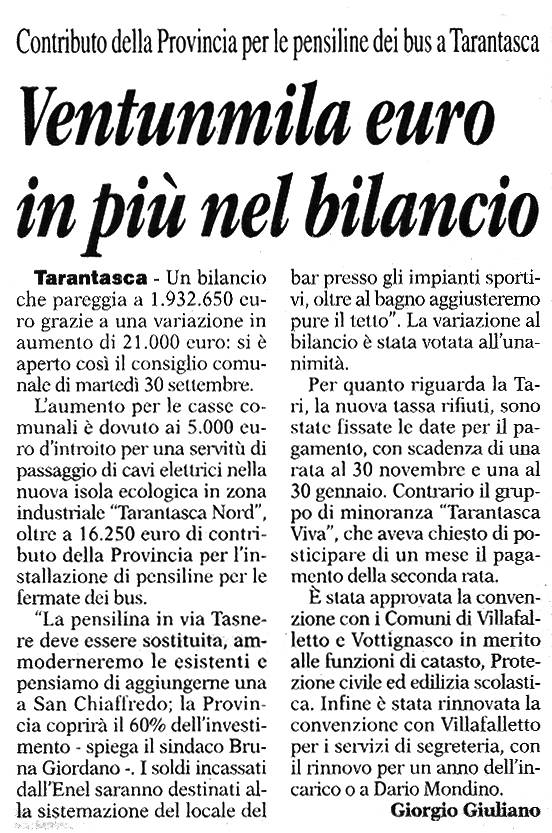 10 Ottobre 2014: Ventunmila euro in più nel bilancio